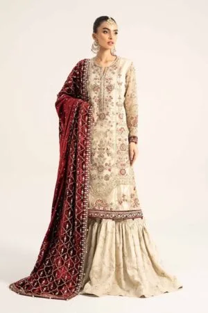 Luxury Formal Ivory/Maroon Embroidered Organza Outfit Mbds-W2905Im