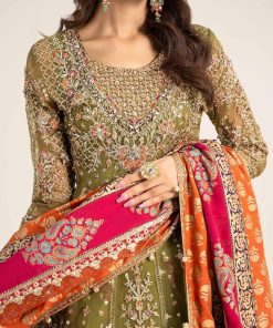 Luxury Formal Green Olive Embroidered Organza Outfit Mbds-W2906Go 9 D6 Green Olvec Imanistudio.com