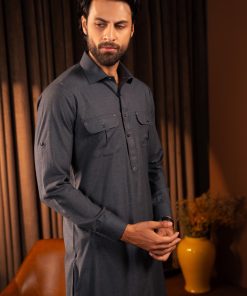 2PCS Wash & Wear Folded Collar Shalwar Kameez IMIST-MKR-02-GunMetal