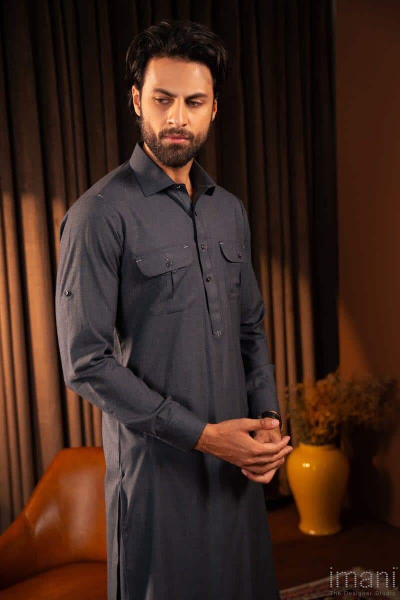 2Pcs Wash &Amp; Wear Folded Collar Shalwar Kameez Imist-Mkr-02-Gunmetal