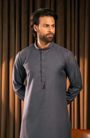 2PCS Wash & Wear Band Collar Shalwar Kameez IMIST-MKR-03-Greyish Blue