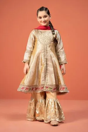 Mariab Kids Golden Embroidered Gharara Suit Mbks-W24003Gg