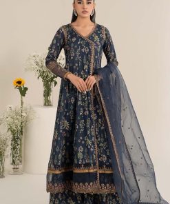 Luxury Pret Navy Blue Printed Cotton Lawn Angrakha Suit MBDW-EF2526NB