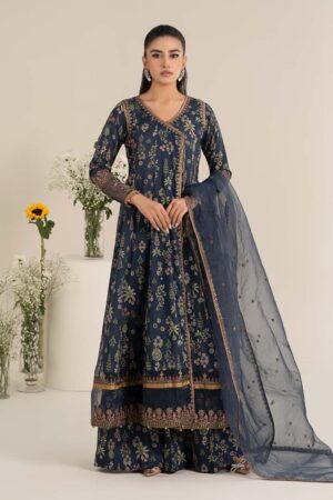 Luxury Pret Navy Blue Printed Cotton Lawn Angrakha Suit MBDW-EF2526NB