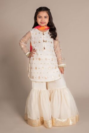 MariaB Kids Off-White Organza Lurex Suit MBKS-EF2520WL