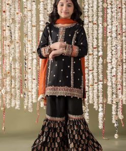 MariaB Kids Black Embroidered Raw Silk Suit MBKS-EF2525DB