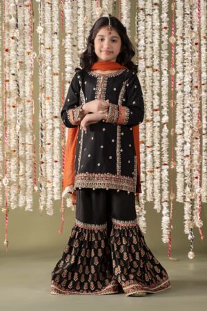 MariaB Kids Black Embroidered Raw Silk Suit MBKS-EF2525DB