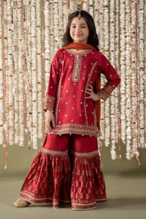 MariaB Kids Red Embroidered Raw Silk Suit MBKS-EF2525RR