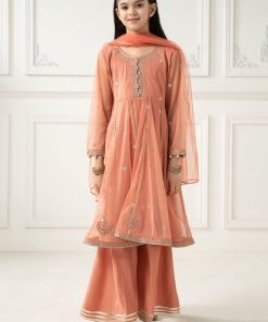 MariaB Kids Peachy Pink Embroidered Poli Net Suit MBKS-EF2502PP