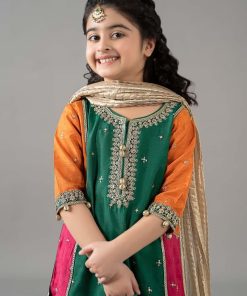 Mariab Kids Green/Pink Embroidered Raw Silk Suit Mbks-Ef2517Gp 9 Mksef2517Greenb Imanistudio.com