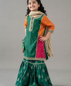 Mariab Kids Green/Pink Embroidered Raw Silk Suit Mbks-Ef2517Gp 8 Mksef2517Greenf Imanistudio.com