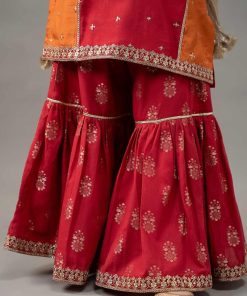 Mariab Kids Red/ Orange Embroidered Raw Silk Suit Mbks-Ef2517Ro 8 Mksef2517Red Imanistudio.com