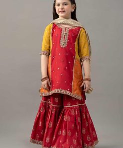 MariaB Kids Red/ Orange Embroidered Raw Silk Suit MBKS-EF1617RO