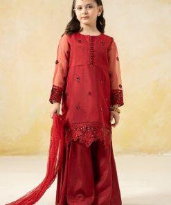 MariaB Kids Red Embroidered Organza Suit MBKS-EF2544RD
