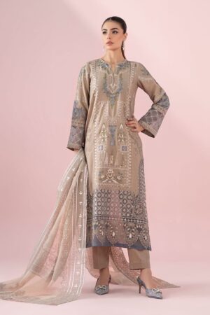 3 Pcs Luxury Pret Milky Coffee Embroidered Cotton Lawn Suit Mbdw-Ea25121Mc