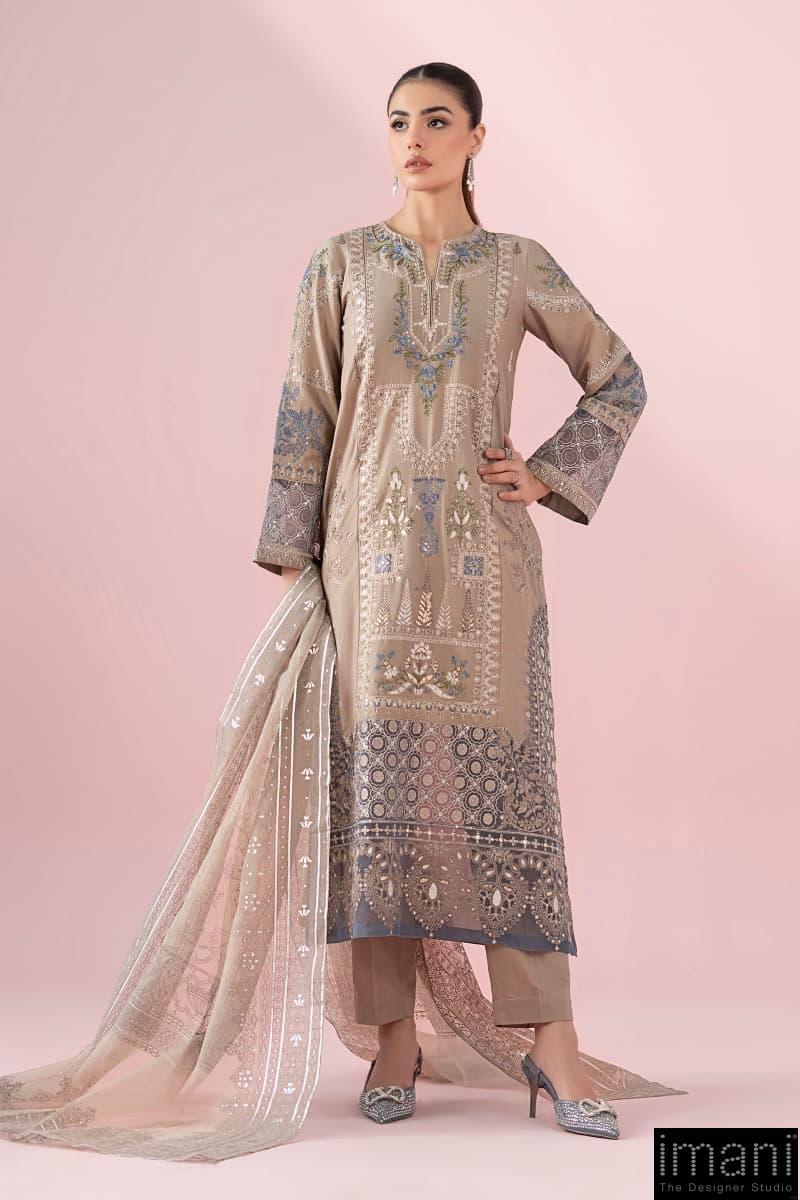 3 Pcs Luxury Pret Milky Coffee Embroidered Cotton Lawn Suit Mbdw-Ea25121Mc 1 3 Pcs Luxury Pret Milky Coffee Embroidered Cotton Lawn Suit Mbdw-Ea25121Mc