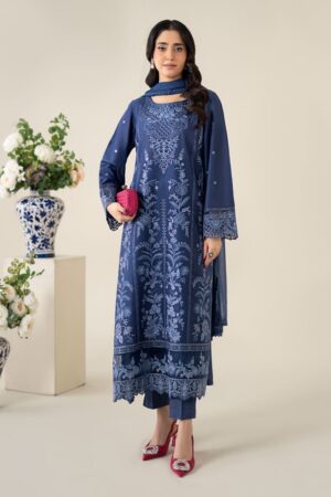 3 Pcs Luxury Pret Blue Embroidered Cotton Lawn Suit Mbdw-Ea2521Bl