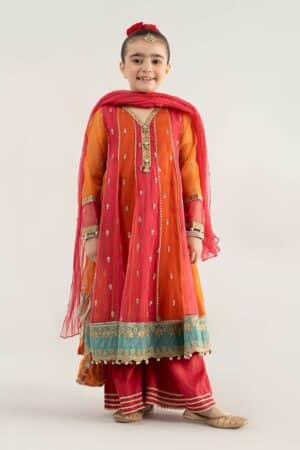 MariaB Kids Orange Embroidered Organza Suit MBKS-EA2541OG