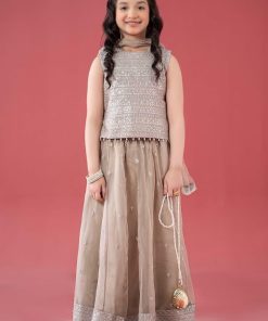 MariaB Kids Simply Taupe Embroidered Raw Silk & Organza Skirt Suit MBKS-EF246ST
