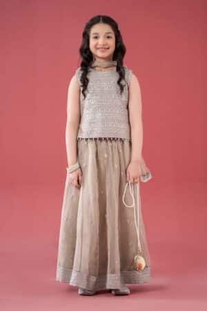 Mariab Kids Simply Taupe Embroidered Raw Silk &Amp; Organza Skirt Suit Mbks-Ef246St