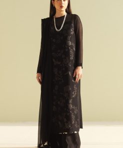 3 Pcs Zara Shahjahan Black Premium Chiffon Georgette Suit ZSZR-F0107BB