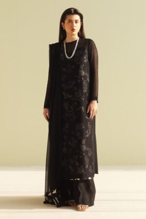 3 Pcs Zara Shahjahan Black Premium Chiffon Georgette Suit ZSZR-F0107BB