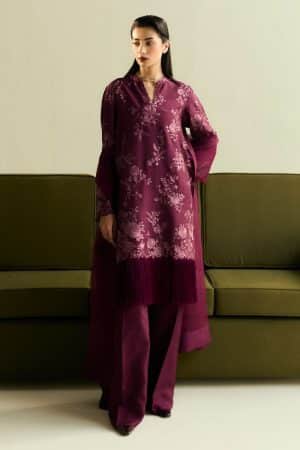 3Pcs Zara Shahjahan Plum Medium Raw Silk Suit Zszr-F0215Pm