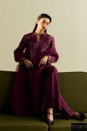 3Pcs Zara Shahjahan Plum Medium Raw Silk Suit Zszr-F0215Pm 5 Zr25F0215A Imanistudio.com