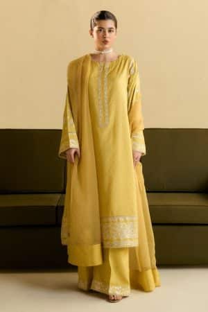 3Pcs Zara Shahjahan Yellow Medium Raw Silk Suit Zszr-F0221Yw