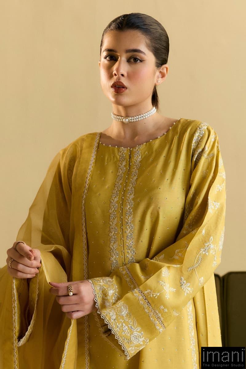 3Pcs Zara Shahjahan Yellow Medium Raw Silk Suit Zszr-F0221Yw 3 3Pcs Zara Shahjahan Yellow Medium Raw Silk Suit Zszr-F0221Yw - Image 3