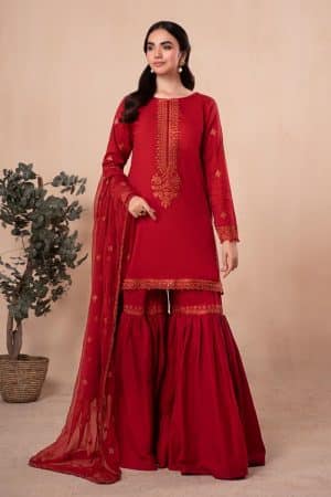 3 Pcs Luxury Pret Red Embroidered Cotton Lawn Suit Mbdw-Ea2406Rd