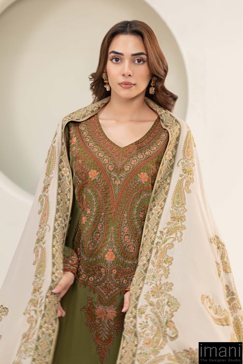 3 Pcs Luxury Olive Green Embroidered Linen Suit Mbdw-W24100Go 3 3 Pcs Luxury Olive Green Embroidered Linen Suit Mbdw-W24100Go - Image 3