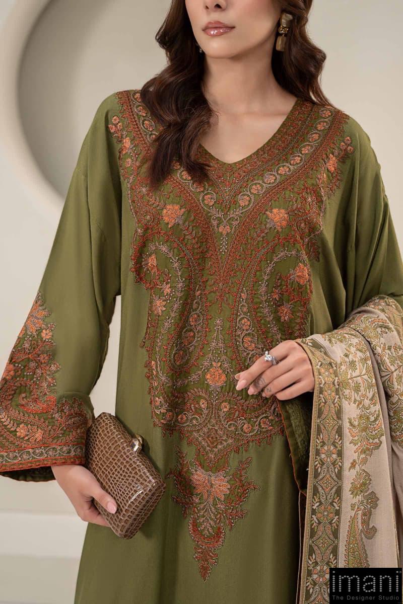 3 Pcs Luxury Olive Green Embroidered Linen Suit Mbdw-W24100Go 4 3 Pcs Luxury Olive Green Embroidered Linen Suit Mbdw-W24100Go - Image 4