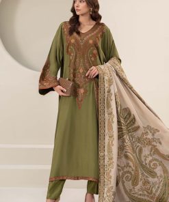 3 Pcs Luxury Olive Green Embroidered Linen Suit MBDW-W24100GO
