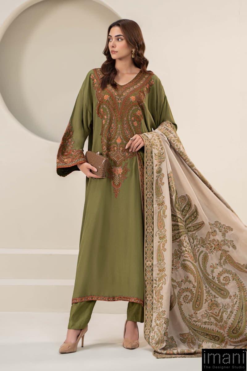 3 Pcs Luxury Olive Green Embroidered Linen Suit Mbdw-W24100Go 1 3 Pcs Luxury Olive Green Embroidered Linen Suit Mbdw-W24100Go