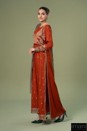 Luxury Pret Rustic Orange Embroidered Linen Suit Mbdw-W2467Ro 7 Dw W2467Mustarde Imanistudio.com