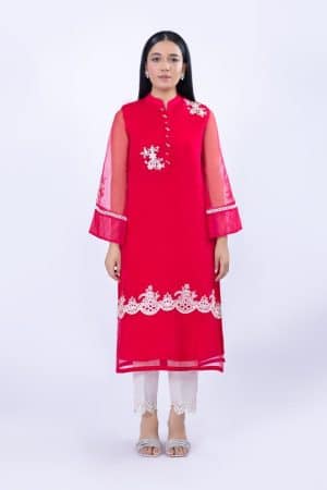 1 Pcs Coral Pink Organza Embroidered Shirt MB-F23407CP