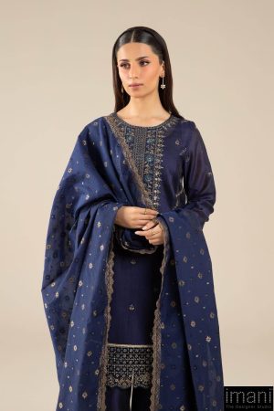 3 Pcs Pret Navy Blue Embroidered Two Tone Silk Suit Mbdw-Fs2430Nb 9 Mb Fs2530Blueb Imanistudio.com