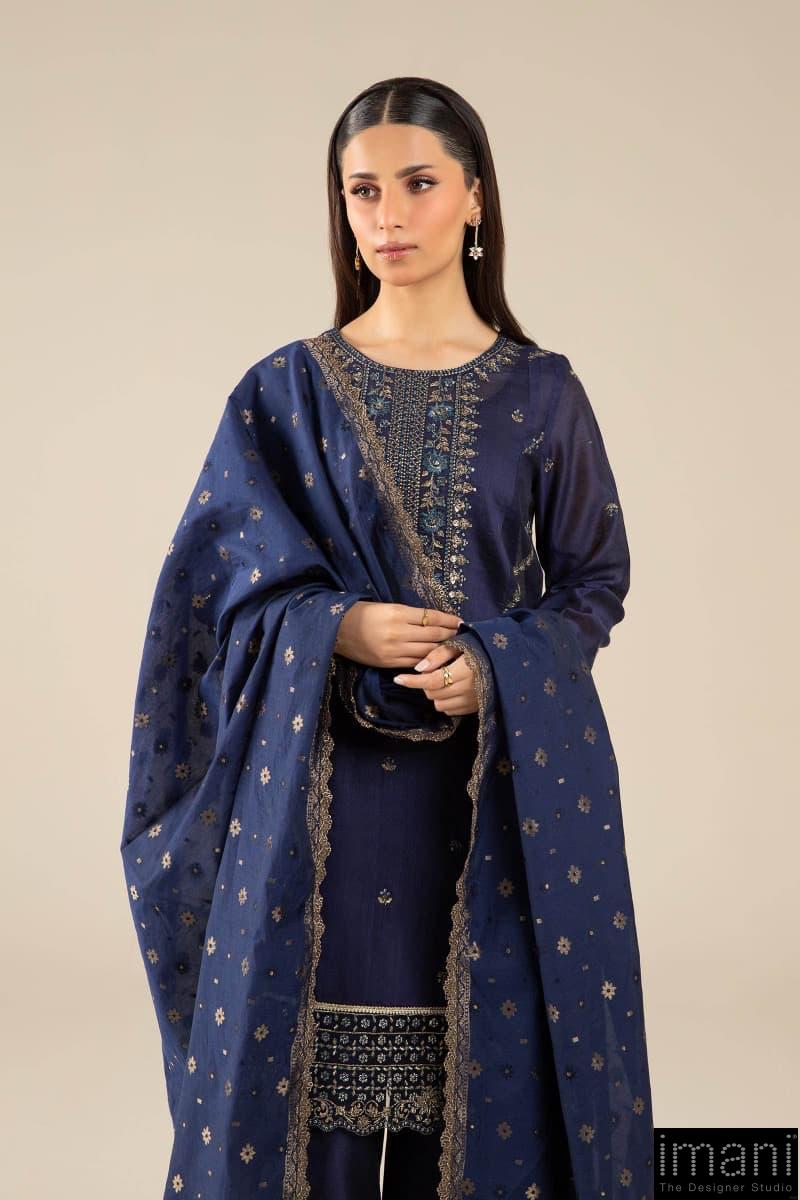 3 Pcs Pret Navy Blue Embroidered Two Tone Silk Suit Mbdw-Fs2430Nb 4 3 Pcs Pret Navy Blue Embroidered Two Tone Silk Suit Mbdw-Fs2430Nb - Image 4