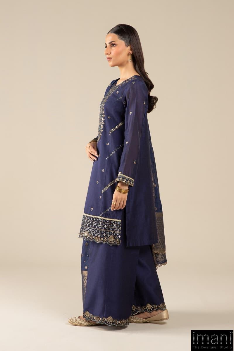 3 Pcs Pret Navy Blue Embroidered Two Tone Silk Suit Mbdw-Fs2430Nb 2 3 Pcs Pret Navy Blue Embroidered Two Tone Silk Suit Mbdw-Fs2430Nb - Image 2