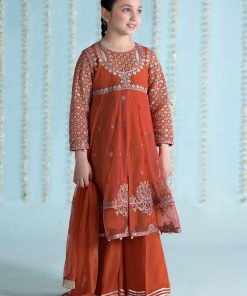 MariaB Orange Embroidered Net Suit MBKS-EA2402BO