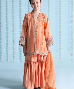 MariaB Kids Light Orange Paper Cotton Embroidered Suit MBKS-EA2404LO
