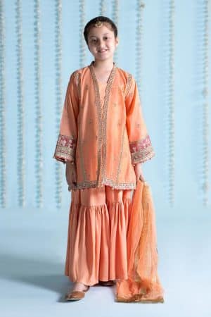 MariaB Kids Light Orange Paper Cotton Embroidered Suit MBKS-EA2404LO