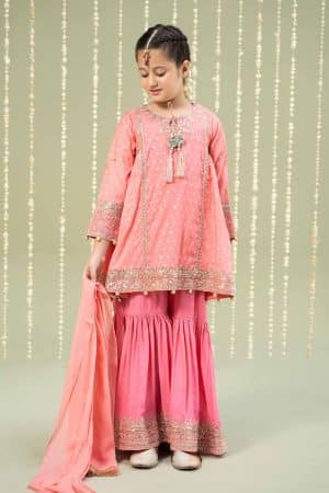 MariaB Kids Pink Embroidered Paper Cotton Lurex Suit MBKS-W2411PK