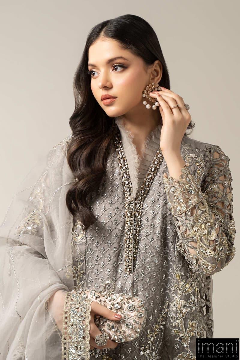 Luxury Formal Steel Grey Embroidered Organza Suit Mbds-W3006Sg 5 Luxury Formal Steel Grey Embroidered Organza Suit Mbds-W3006Sg - Image 5