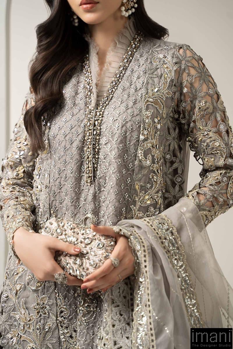 Luxury Formal Steel Grey Embroidered Organza Suit Mbds-W3006Sg 3 Luxury Formal Steel Grey Embroidered Organza Suit Mbds-W3006Sg - Image 3