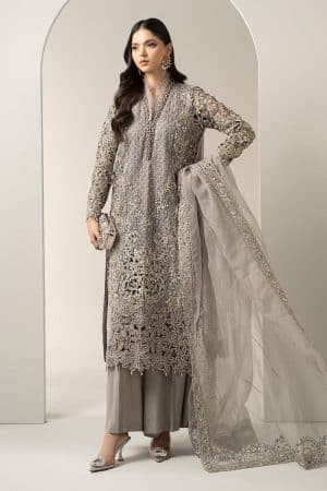 Luxury Formal Steel Grey Embroidered Organza Suit MBDS-W3006SG