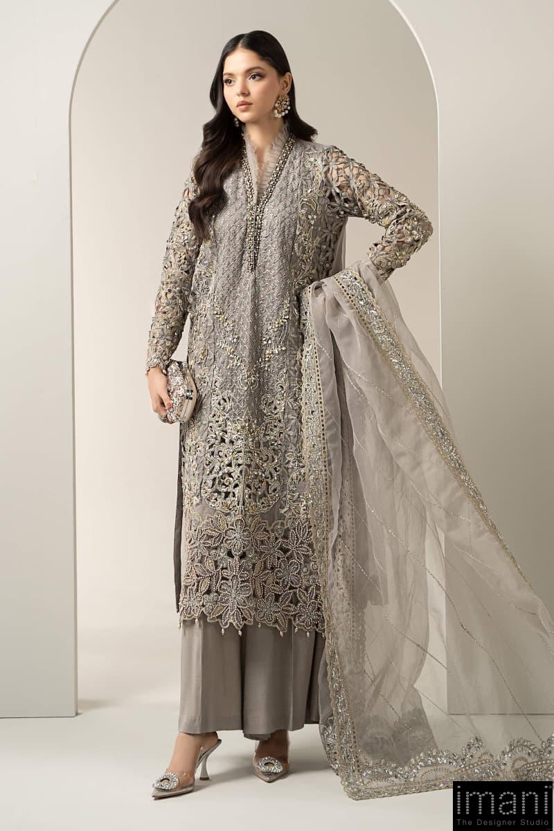 Luxury Formal Steel Grey Embroidered Organza Suit Mbds-W3006Sg 1 Luxury Formal Steel Grey Embroidered Organza Suit Mbds-W3006Sg