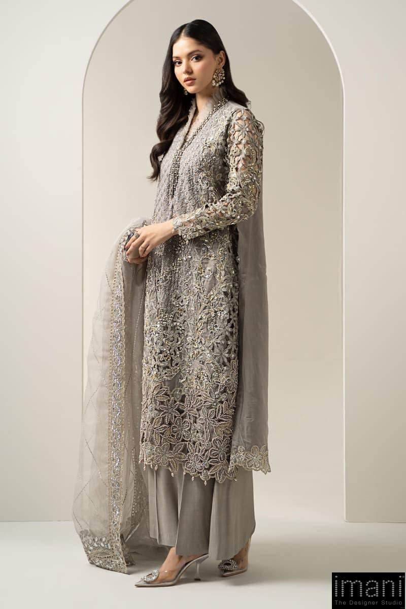 Luxury Formal Steel Grey Embroidered Organza Suit Mbds-W3006Sg 2 Luxury Formal Steel Grey Embroidered Organza Suit Mbds-W3006Sg - Image 2