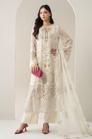 Luxury Formal Off-White Embroidered Chiffon Suit MBDS-W3007OW